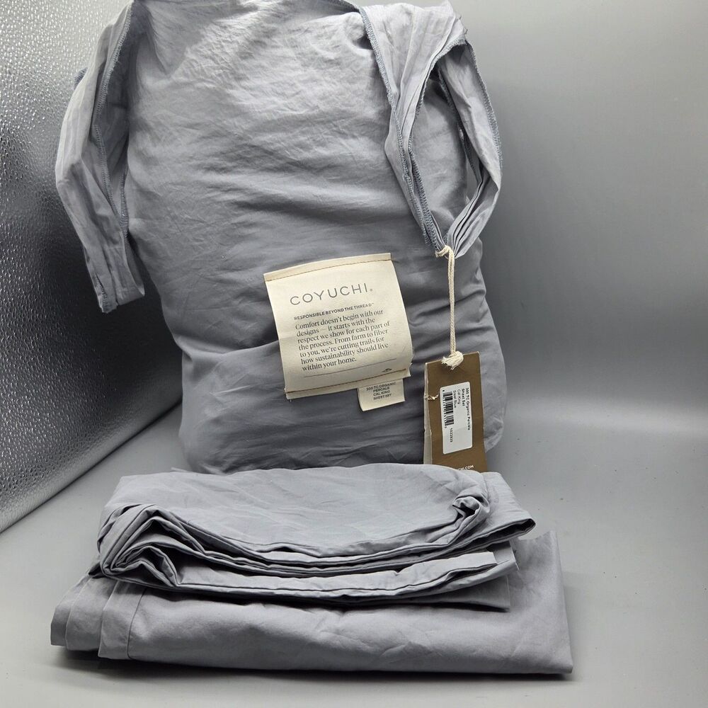 Coyuchi 100% Organic Percale Cotton Cal-King Sheet Set Steel Blue 300TC GOTS New